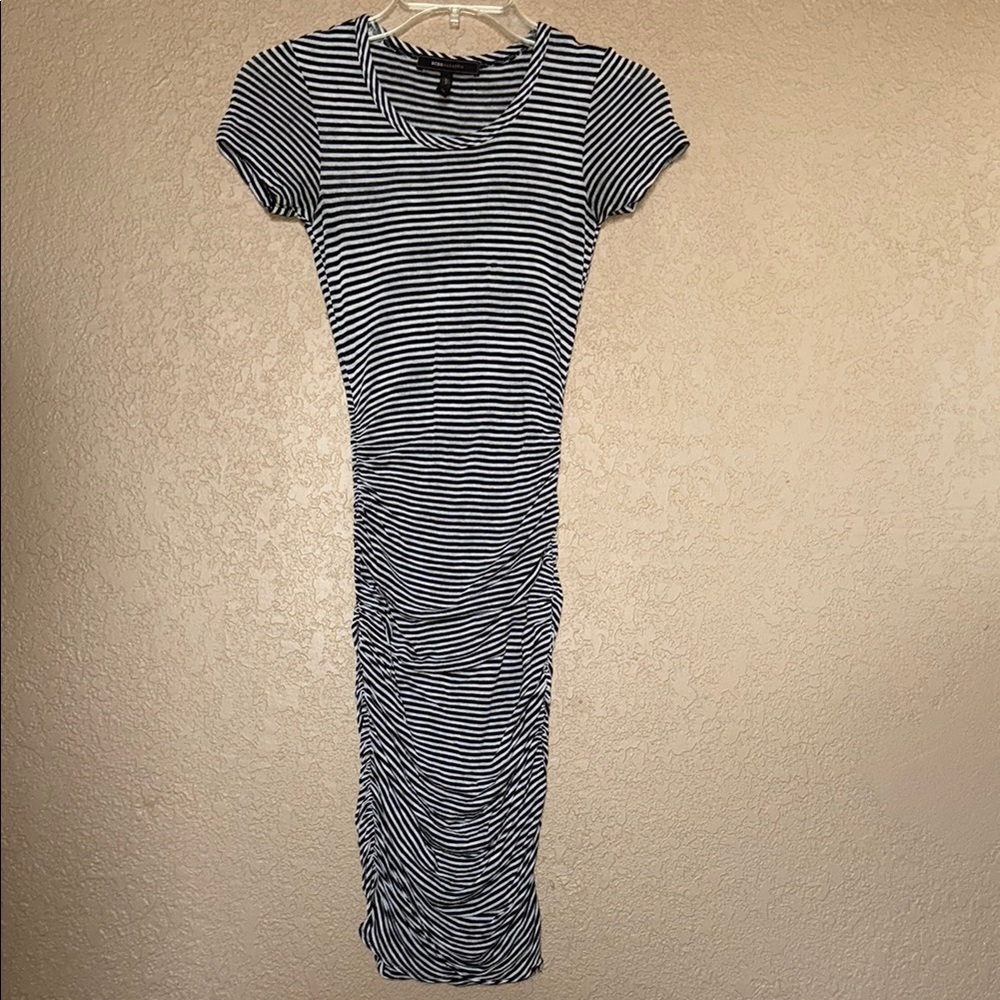 BCBGMaxAzria Black and White Ruched Bodycon Midi Dress